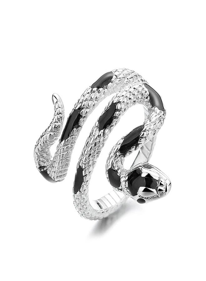 HAIXIAN Snake Ring, Gothic Punk Style, Silver plated Open Wrap Design, Women's Cocktail Party Jewelry Fashion (Ring_A_blacks, Adjustable) - Image 1